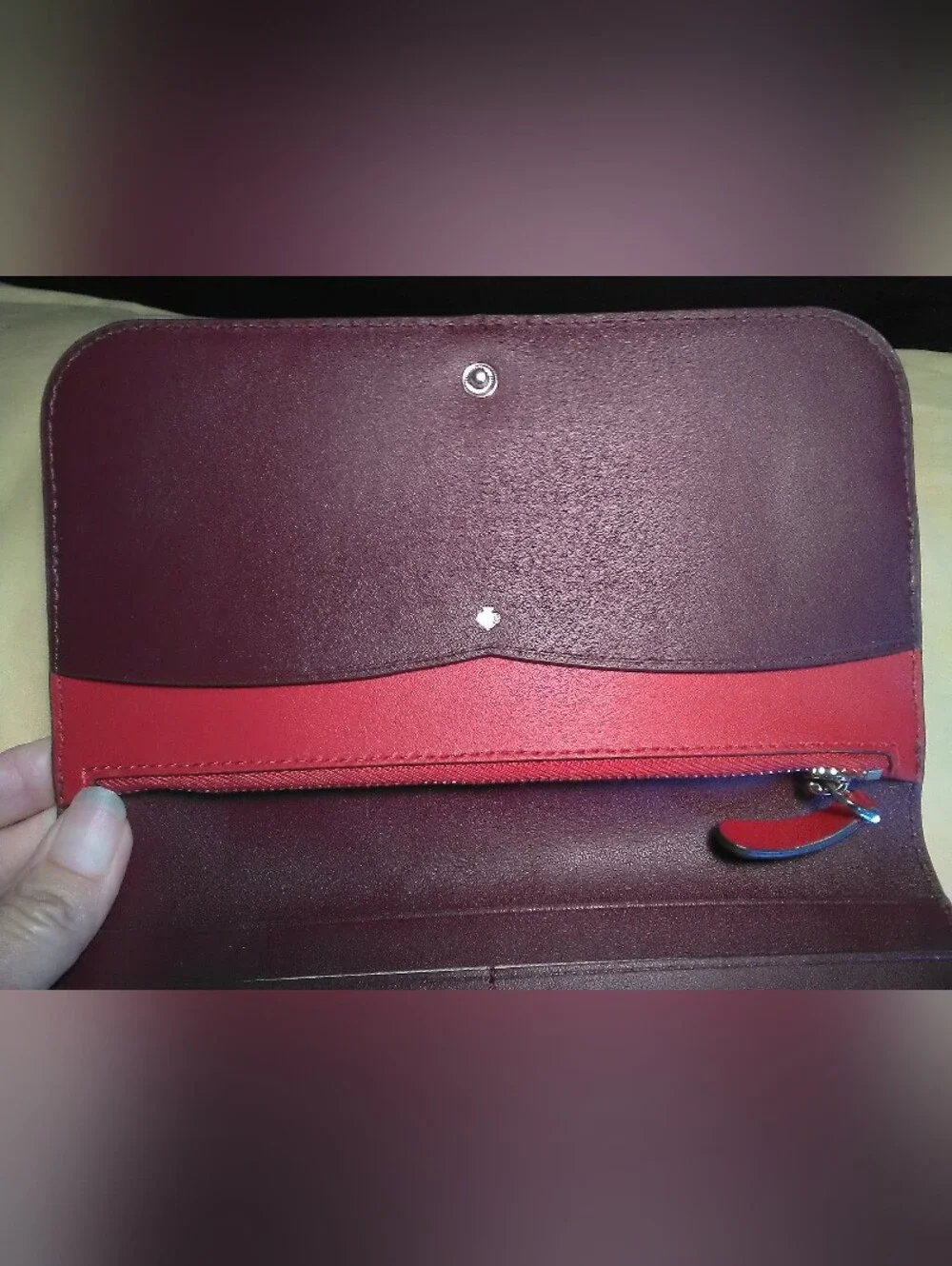 NWOT Kate Spade Red suede & leather Colorblock Spade emblem LG. Wallet Beauty